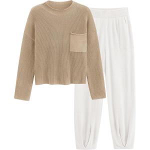imagePRETTYGARDEN Two Piece Sets for Women 2025 Pullover Sweater High Waisted Sweatpants Tracksuit Lounge Set Fall Winter OutfitsKhaki Beige White