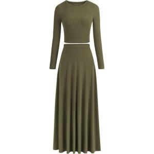 imagePRETTYGARDEN Women Fall Spring 2 Piece Outfits Dressy Casual Ribbed Knit Long Sleeve Crop Top Maxi Flowy Skirts Matching SetsArmy Green
