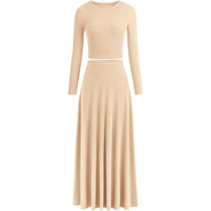 imagePRETTYGARDEN Women Fall Spring 2 Piece Outfits Dressy Casual Ribbed Knit Long Sleeve Crop Top Maxi Flowy Skirts Matching SetsBeige