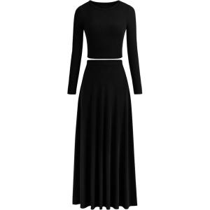 imagePRETTYGARDEN Women Fall Spring 2 Piece Outfits Dressy Casual Ribbed Knit Long Sleeve Crop Top Maxi Flowy Skirts Matching SetsBlack
