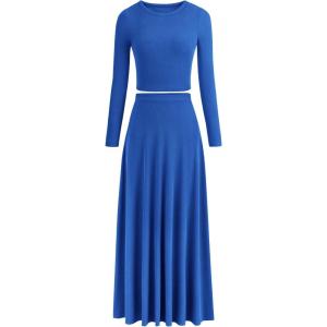 imagePRETTYGARDEN Women Fall Spring 2 Piece Outfits Dressy Casual Ribbed Knit Long Sleeve Crop Top Maxi Flowy Skirts Matching SetsBlue