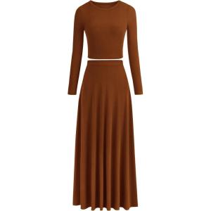 imagePRETTYGARDEN Women Fall Spring 2 Piece Outfits Dressy Casual Ribbed Knit Long Sleeve Crop Top Maxi Flowy Skirts Matching SetsBrown