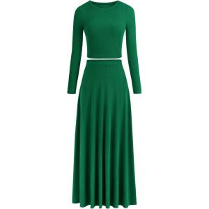 imagePRETTYGARDEN Women Fall Spring 2 Piece Outfits Dressy Casual Ribbed Knit Long Sleeve Crop Top Maxi Flowy Skirts Matching SetsGreen