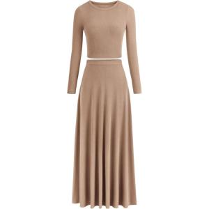 imagePRETTYGARDEN Women Fall Spring 2 Piece Outfits Dressy Casual Ribbed Knit Long Sleeve Crop Top Maxi Flowy Skirts Matching SetsKhaki