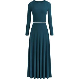 imagePRETTYGARDEN Women Fall Spring 2 Piece Outfits Dressy Casual Ribbed Knit Long Sleeve Crop Top Maxi Flowy Skirts Matching SetsLake Blue