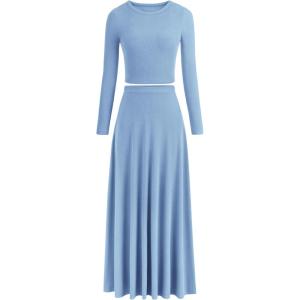 imagePRETTYGARDEN Women Fall Spring 2 Piece Outfits Dressy Casual Ribbed Knit Long Sleeve Crop Top Maxi Flowy Skirts Matching SetsLight Blue