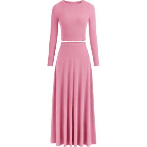 imagePRETTYGARDEN Women Fall Spring 2 Piece Outfits Dressy Casual Ribbed Knit Long Sleeve Crop Top Maxi Flowy Skirts Matching SetsPink