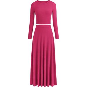 imagePRETTYGARDEN Women Fall Spring 2 Piece Outfits Dressy Casual Ribbed Knit Long Sleeve Crop Top Maxi Flowy Skirts Matching SetsRose Red