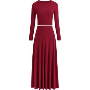 imagePRETTYGARDEN Women Fall Spring 2 Piece Outfits Dressy Casual Ribbed Knit Long Sleeve Crop Top Maxi Flowy Skirts Matching SetsWine Red