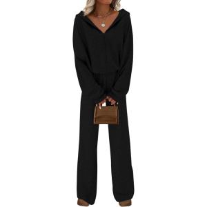 imagePRETTYGARDEN Womens 2 Piece Fall Lounge Sets 2025 Zip Up Hoodie Wide Leg Pants Tracksuit Matching Travel Outfits ClothesBlack