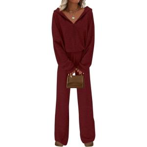 imagePRETTYGARDEN Womens 2 Piece Fall Lounge Sets 2025 Zip Up Hoodie Wide Leg Pants Tracksuit Matching Travel Outfits ClothesBurgundy