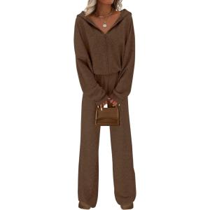 imagePRETTYGARDEN Womens 2 Piece Fall Lounge Sets 2025 Zip Up Hoodie Wide Leg Pants Tracksuit Matching Travel Outfits ClothesCoffee