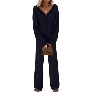 imagePRETTYGARDEN Womens 2 Piece Fall Lounge Sets 2025 Zip Up Hoodie Wide Leg Pants Tracksuit Matching Travel Outfits ClothesNavy Blue