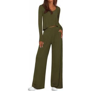 imagePRETTYGARDEN Womens 2 Piece Lounge Fall Sets 2025 Casual Long Sleeve Pajamas Comfy Pants Matching Travel Outfits ClothesArmy Green
