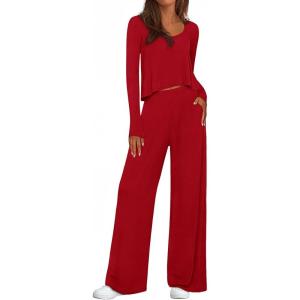 imagePRETTYGARDEN Womens 2 Piece Lounge Fall Sets 2025 Casual Long Sleeve Pajamas Comfy Pants Matching Travel Outfits ClothesRed