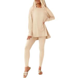 imagePRETTYGARDEN Womens 2 Piece Outfits 2025 Fall Casual Long Sleeve Tunic Tops Legging Pants Matching Lounge Sets SweatsuitsBeige