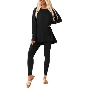 imagePRETTYGARDEN Womens 2 Piece Outfits 2025 Fall Casual Long Sleeve Tunic Tops Legging Pants Matching Lounge Sets SweatsuitsBlack