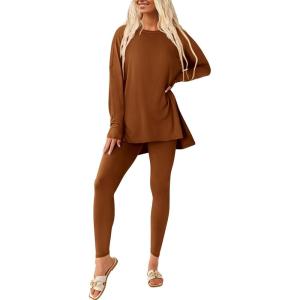 imagePRETTYGARDEN Womens 2 Piece Outfits 2025 Fall Casual Long Sleeve Tunic Tops Legging Pants Matching Lounge Sets SweatsuitsCaramel