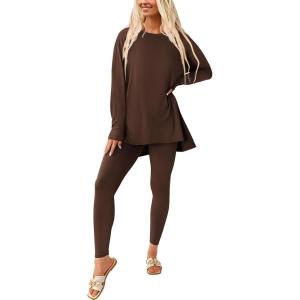 imagePRETTYGARDEN Womens 2 Piece Outfits 2025 Fall Casual Long Sleeve Tunic Tops Legging Pants Matching Lounge Sets SweatsuitsCoffee