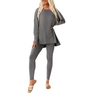 imagePRETTYGARDEN Womens 2 Piece Outfits 2025 Fall Casual Long Sleeve Tunic Tops Legging Pants Matching Lounge Sets SweatsuitsDark Grey