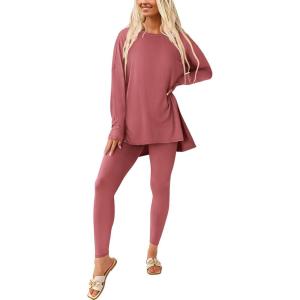 imagePRETTYGARDEN Womens 2 Piece Outfits 2025 Fall Casual Long Sleeve Tunic Tops Legging Pants Matching Lounge Sets SweatsuitsDusty Pink