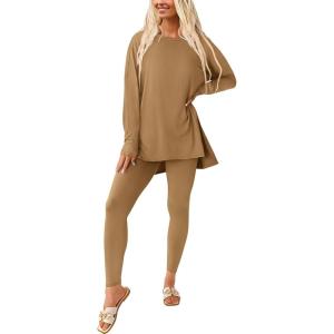 imagePRETTYGARDEN Womens 2 Piece Outfits 2025 Fall Casual Long Sleeve Tunic Tops Legging Pants Matching Lounge Sets SweatsuitsKhaki