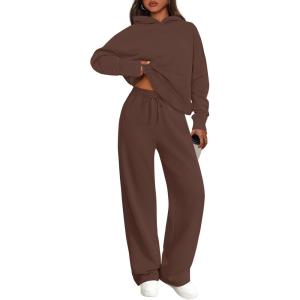 imagePRETTYGARDEN Womens 2 Piece Outfits Fall Sweatsuits Oversized Hoodies Wide Leg Sweatpants Tracksuits Lounge Matching SetsBrown