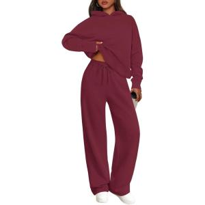 imagePRETTYGARDEN Womens 2 Piece Outfits Fall Sweatsuits Oversized Hoodies Wide Leg Sweatpants Tracksuits Lounge Matching SetsBurgundy