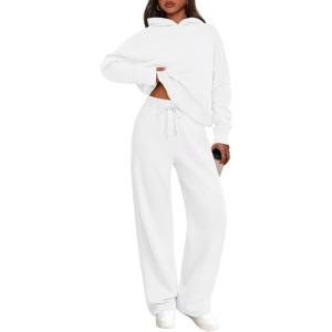 imagePRETTYGARDEN Womens 2 Piece Outfits Fall Sweatsuits Oversized Hoodies Wide Leg Sweatpants Tracksuits Lounge Matching SetsWhite