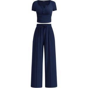 imagePRETTYGARDEN Womens 2 Piece Outfits Summer 2025 Ribbed Knit Button Short Sleeve Tops Casual Wide Leg Pants Lounge SetsNavy