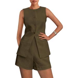 imagePRETTYGARDEN Womens 2 Piece Sets 2025 Summer Trendy Button Down Suit Vest Tops High Waisted Shorts Business Casual OutfitsArmy Green