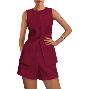 imagePRETTYGARDEN Womens 2 Piece Sets 2025 Summer Trendy Button Down Suit Vest Tops High Waisted Shorts Business Casual OutfitsWine Red