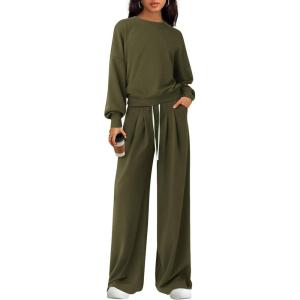 imagePRETTYGARDEN Womens 2 Piece Sets Long Sleeve Sweatshirt Wide Leg Pants Loose Matching Lounge Set Trendy Fall OutfitsArmy Green