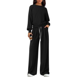 imagePRETTYGARDEN Womens 2 Piece Sets Long Sleeve Sweatshirt Wide Leg Pants Loose Matching Lounge Set Trendy Fall OutfitsBlack