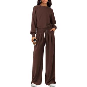 imagePRETTYGARDEN Womens 2 Piece Sets Long Sleeve Sweatshirt Wide Leg Pants Loose Matching Lounge Set Trendy Fall OutfitsBrown