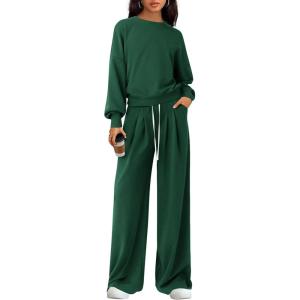 imagePRETTYGARDEN Womens 2 Piece Sets Long Sleeve Sweatshirt Wide Leg Pants Loose Matching Lounge Set Trendy Fall OutfitsDark Green