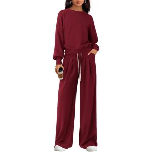 imagePRETTYGARDEN Womens 2 Piece Sets Long Sleeve Sweatshirt Wide Leg Pants Loose Matching Lounge Set Trendy Fall OutfitsWine Red