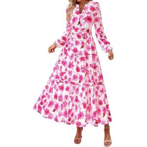 imagePRETTYGARDEN Womens 2025 Fall Boho Maxi Dresses Floral Long Sleeve V Neck Flowy Elegant Wedding Guest Dress Vacation OutfitsFloral White Rose Red