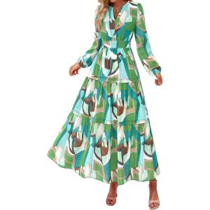 imagePRETTYGARDEN Womens 2025 Fall Boho Maxi Dresses Floral Long Sleeve V Neck Flowy Elegant Wedding Guest Dress Vacation OutfitsGreen