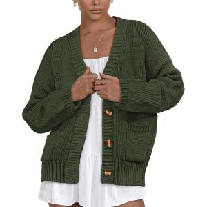 imagePRETTYGARDEN Womens 2025 Fall Cardigan Sweaters Long Sleeve Open Front Button Up V Neck Knit Winter Fashion ClothesArmy Green