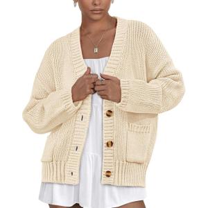 imagePRETTYGARDEN Womens 2025 Fall Cardigan Sweaters Long Sleeve Open Front Button Up V Neck Knit Winter Fashion ClothesBeige