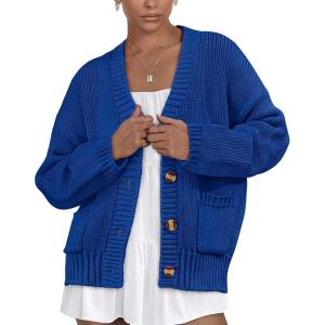 imagePRETTYGARDEN Womens 2025 Fall Cardigan Sweaters Long Sleeve Open Front Button Up V Neck Knit Winter Fashion ClothesBright Blue