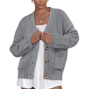 imagePRETTYGARDEN Womens 2025 Fall Cardigan Sweaters Long Sleeve Open Front Button Up V Neck Knit Winter Fashion ClothesGrey
