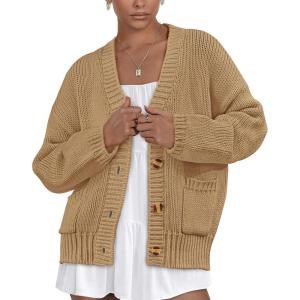 imagePRETTYGARDEN Womens 2025 Fall Cardigan Sweaters Long Sleeve Open Front Button Up V Neck Knit Winter Fashion ClothesKhaki