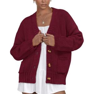 imagePRETTYGARDEN Womens 2025 Fall Cardigan Sweaters Long Sleeve Open Front Button Up V Neck Knit Winter Fashion ClothesWine Red