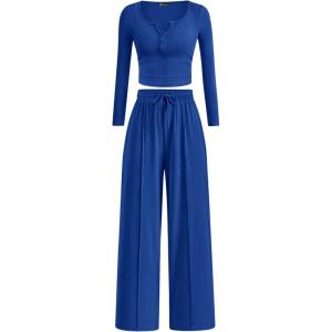 imagePRETTYGARDEN Womens 2025 Fall Trendy 2 Piece Outfits Lounge Sets Long Sleeve Top Henley Shirts Wide Leg Pants Travel ClothesBlue