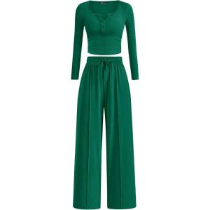 imagePRETTYGARDEN Womens 2025 Fall Trendy 2 Piece Outfits Lounge Sets Long Sleeve Top Henley Shirts Wide Leg Pants Travel ClothesGreen