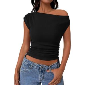 imagePRETTYGARDEN Womens 2025 Summer Off The Shoulder Crop Cute Tops Sleeveless One Shoulder Ruched Y2K Going Out Tank TopBlack