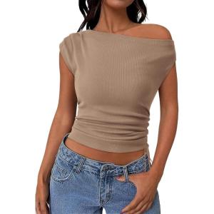 imagePRETTYGARDEN Womens 2025 Summer Off The Shoulder Crop Cute Tops Sleeveless One Shoulder Ruched Y2K Going Out Tank TopKhaki
