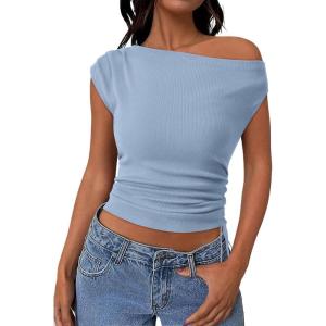 imagePRETTYGARDEN Womens 2025 Summer Off The Shoulder Crop Cute Tops Sleeveless One Shoulder Ruched Y2K Going Out Tank TopLight Blue